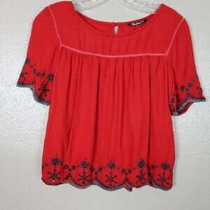 Flying Machine Red Embroidered Yoked Short Sleeve Loose Fit Crop Top S